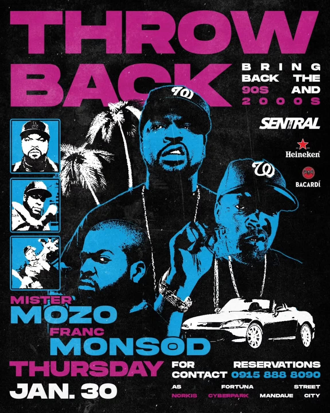 Sentral Throwback event poster in pink and blue.