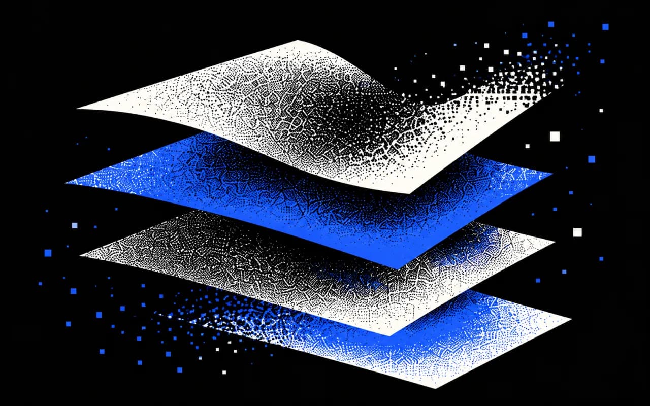 Conceptual dithered illustration for Medical EdTech: four separate folio leaves; not a product screenshot